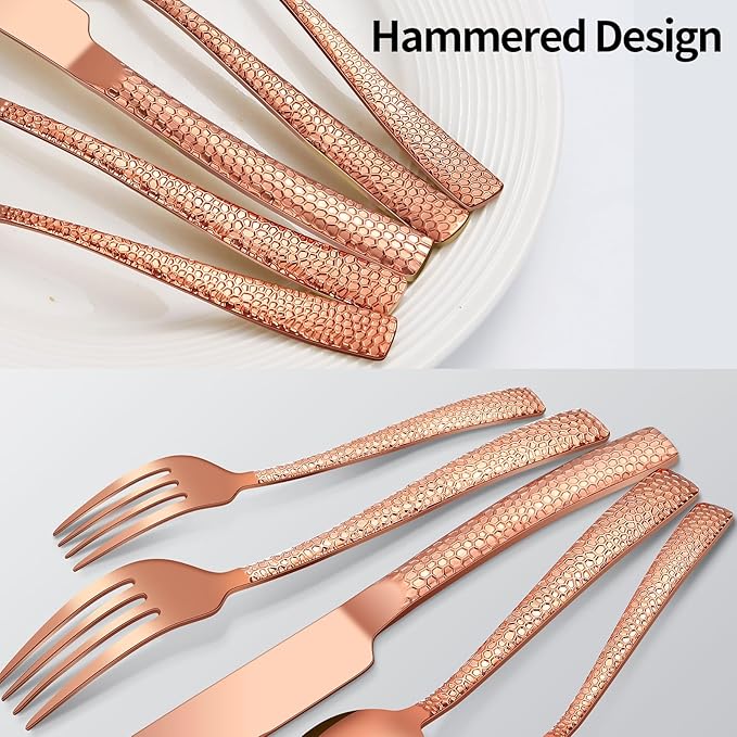 40-Piece Silverware Set Rose Gold Hammered Stainless Steel Flatware Sets for 8 Food-Grade Tableware Set Including Fork Knife Spoon Set Home Kitchen Cutlery Sets Dishwasher Safe