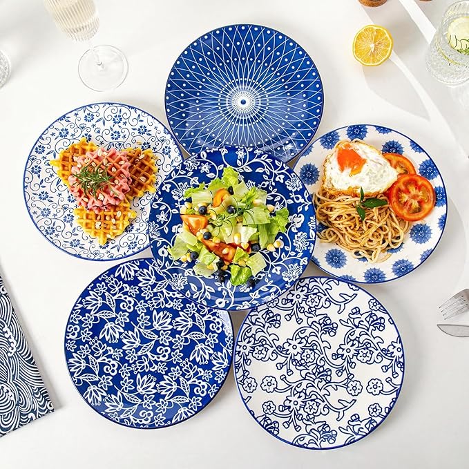 24 Pieces Ceramic Dinnerware - 12 Oz Dessert Bowls and 8.5 Inch Salad Plates and 24 Oz Cereal Bowls and 8.3 In Rectangle Serving Platters Sets - Service for 6 - Vintage Blue