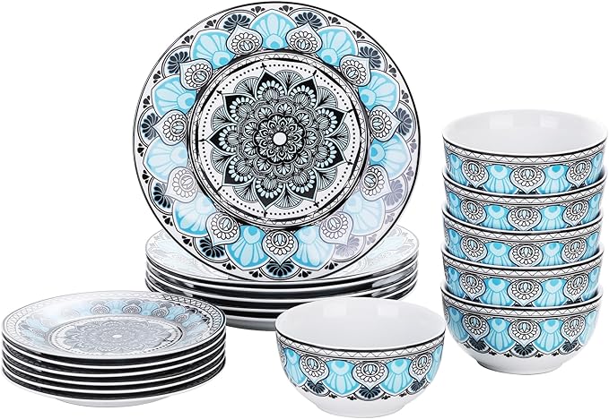 VEWEET VCW-AUD18 'Audrie' Porcelain Dinner Service Set for 6 People with 6 Cereal Bowls Dessert Plates and Flat Plates