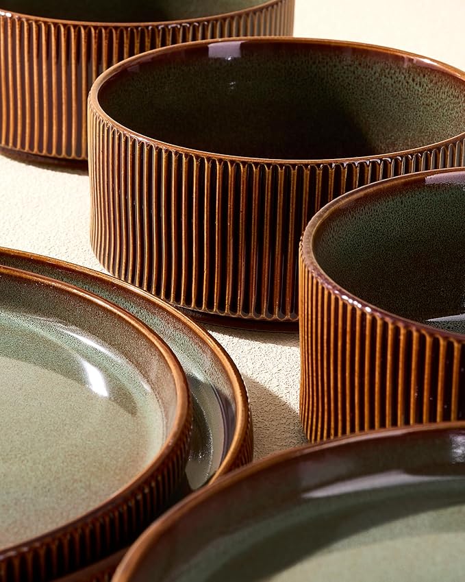 Stoneware Plates and Bowls Dishes Sets Service for 6 (18-Piece) Famiware Premium Handcrafted Reactive Glaze Dinnerware Set with Raised Rim Scratch Resistant Microwave Dishwasher Safe Moss Cocoa