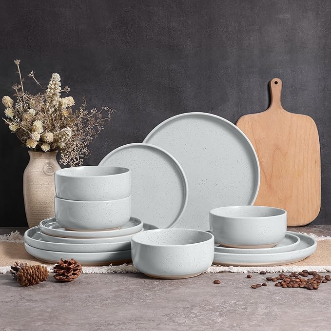 Vesteel 12-Piece Dinnerware set Ceramic Plates and Bowls set with Makeup Clay for 4 Speckled Stoneware Dishes Set for Family Microwave &amp Dishwasher Safe - Light Gray