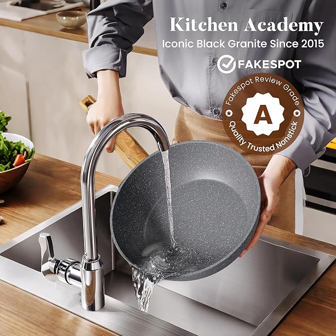 Kitchen Academy Granite Nonstick Cookware Set - 17 Piece Gray Cooking Pans Set Induction Pots and Pans Set Non Stick PFOA &amp PFOS Free.