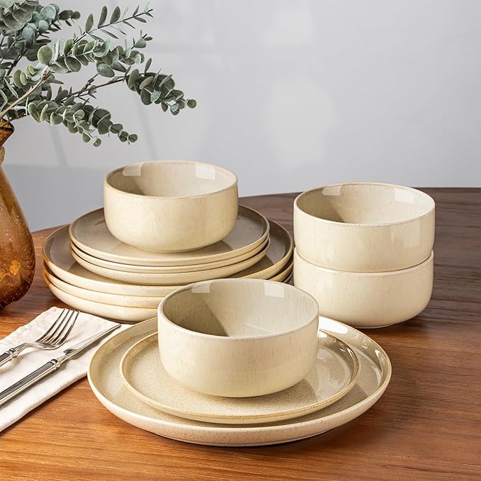 TheTerra Ceramic Dinnerware Sets for 4 12 Pieces Handmade Reactive Glaze Plates and Bowls Set Scratch Resistant Dish Set Oven &amp Microwave &amp Dishwasher Safe Cappuccino