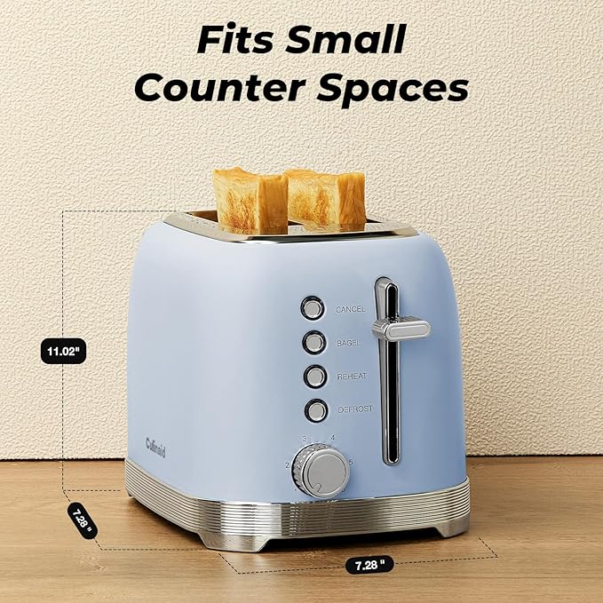 Toaster 2 Slice Retro Stainless Steel with 1.5” Extra Wide Slots Bagel Defrost Reheat Cancel Functions 6 Bread Shade Settings Removable Crumb Tray Blue