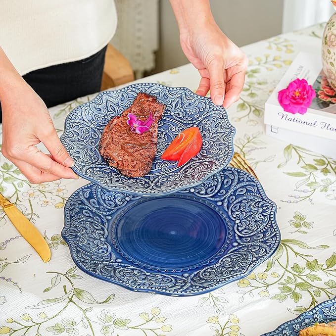 Sungmor Embossed Stoneware Fine Dining Dinnerware Antique Baroque Style Porcelain Dinner Plates Set of 2 (8.5 Salad Plate &amp 11 Dinner Plate) Sophisticated Ceramic Serving Platters for Table De