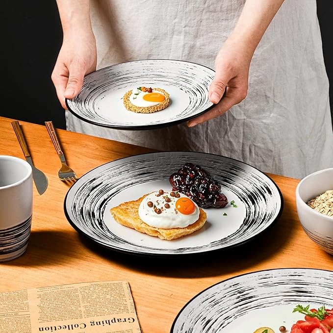 Homlouue 16 Pcs Stoneware Dinnerware Sets for 4 Porcelain Farmhouse Plates Bowls Mugs Set - Minimalist Chip Resistant Dish Set Microwave &amp Dishwasher Safe in White and Black Thread