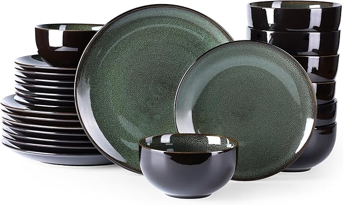 LERATIO Ceramic Dinnerware Sets for 8Stoneware Plates and Bowls SetsHandmade Reactive Glaze Dishes SetChip Resistant and Scratch Resistant | Oven&ampDishwasher &amp Microwave Safe-Green(24PCS)