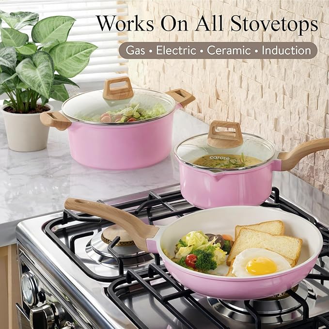 CAROTE Ceramic Cookware Set 14 PCS Pots and Pans Set Non Stick Pot and Pan Set with Frying pan Induction Ready Cooking Set for Kitchen PFOS/PFOA/PFAS Free Pink