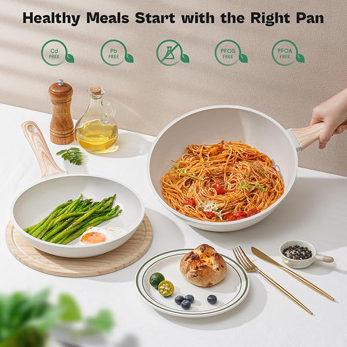 13 Pcs Pots and Pans Set Nonstick Cookware Sets White Granite Induction Cookware Non-toxic Healthy Non stick Kitchen Cooking Set with Frying Pans Set Saucepans (PFAS/PFOA/PFOS Free)