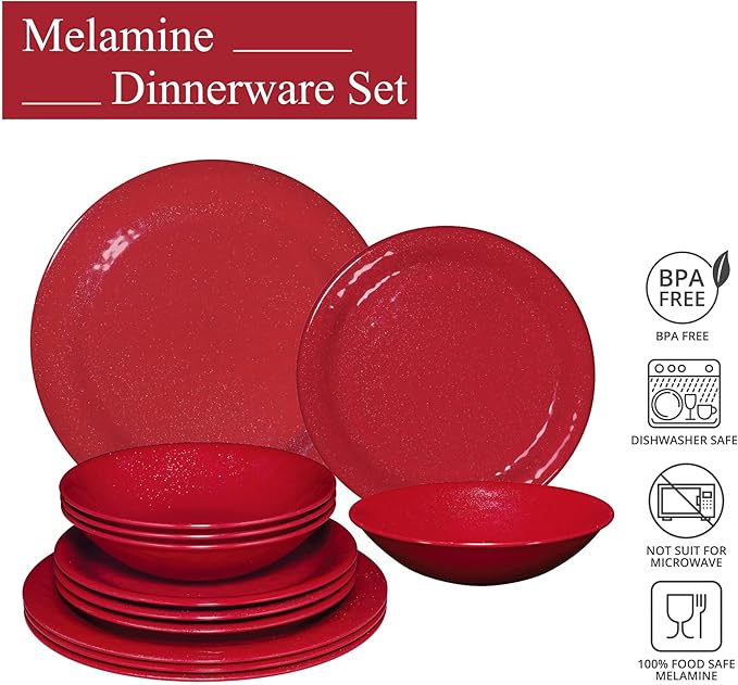 UPware 12 Piece Twinkle Dust Melamine Dinnerware Sets Outdoor Dishes Set Plates and Bowls Sets Christmas Decorations Service for 4 Red