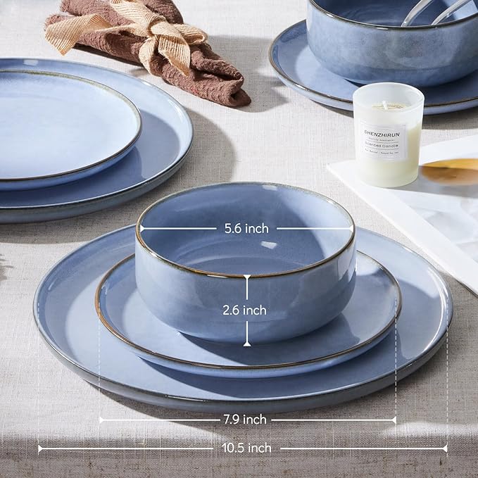 E-far 6-Piece Reactive Glaze Dinnerware Sets Ceramic Dishes Set for 2 Stoneware Plates and Bowls Dinning Ware Microwave &amp Dishwasher Safe - Ocean Blue
