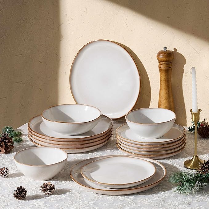 Herogo Stoneware Dinnerware Sets 12 Piece Dinner Dishes Set for 4 Ceramic Plates and Bowls Dishware Tableware Includes Dinner Salad Plates Soup Bowls Microwave &amp Dishwasher Safe Pearl White