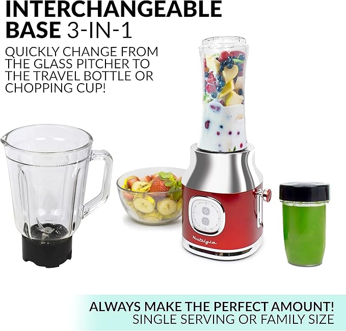 Classic Retro Electric Pulse Blender 1 Liter Glass Pitcher Includes Tritan Personal Travel Bottle With Lid And Storage Container High Power 300 Watts Crushes And Pulverizes Ice Cubes