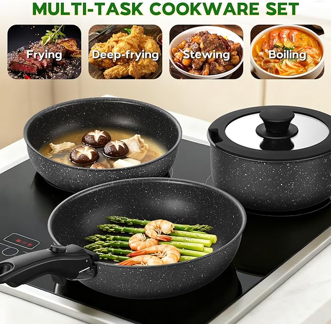 Walchoice 5Pcs Pots and Pans Set Granite Nonstick Cookware Set with Detachable Handle Stackable Kitchen Cooking Set with Saucepan Frying Pans Induction Compatible &amp Oven Safe - Black