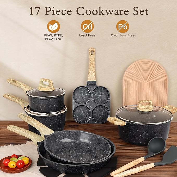 GiPP Ceramic Pots and Pans Set Non Stick - 17 Pcs Nonstick Cookware Set Non-toxic Healthy Kitchen Cooking Set w/Frying Pans Set Dishwasher Safe PFAS PTFE PFOA PFOS Free Dark Gray