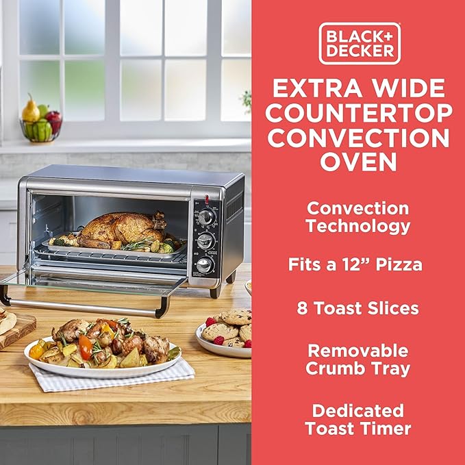 BLACK+DECKER TO3250XSBD 8-Slice Extra Wide Convection Countertop Toaster Oven Includes Bake Pan Broil Rack &amp Toasting Rack Stainless Steel/Black