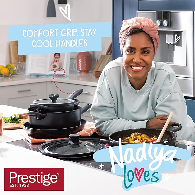 Prestige x Nadiya Non Stick Frying Pan Set of 2 with Universal Glass Lid &amp Stay Cool Handles - Stackable Induction Frying Pans 24cm &amp 26cm Oven and Dishwasher Safe Black