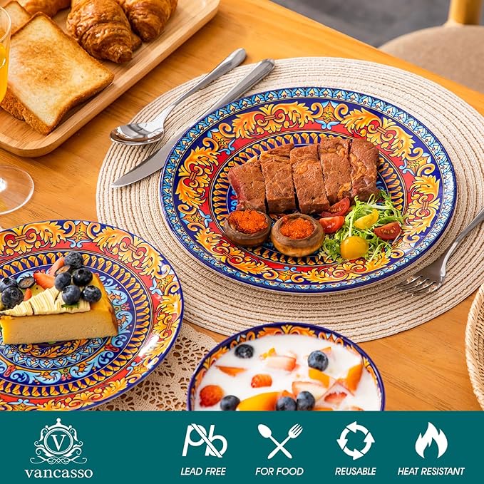 vancasso Plates and Bowls Sets12-Piece Porcelain Dinnerware Set Service for 4 Bohemian Style Dishes Set for 4 Kitchen Dinner Set Microwave and Dishwasher Safe Scratch Resistant Series KRVI