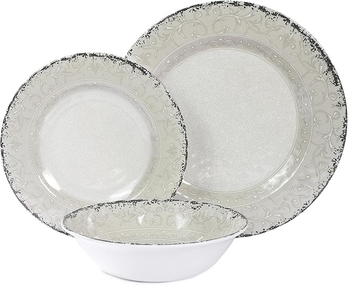 Melamine Dinnerware Set for 4 12-Piece Rusty Gray – BPA-Free Dishwasher-Safe Plates &amp Bowls for Indoor Outdoor Dining Portable and Reusable