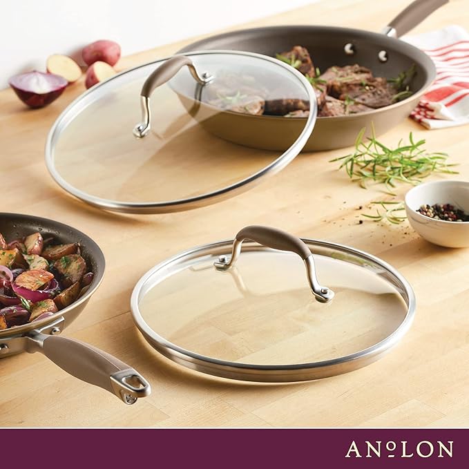 Anolon Advanced Home Glass Lids Stainless Steel and Silicone Handles 2 Piece 10 Inch and 12 Inch Lid Set Bronze
