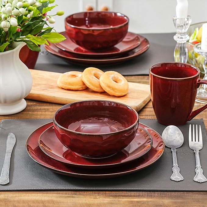 Vicrays 12-Piece Ceramic Dinnerware Set Dinner Plates Salad Plates &amp Cereal Bowls Dish Set for 4 Microwave Oven &amp Dishwasher Safe Scratch Resistant Cherry Red