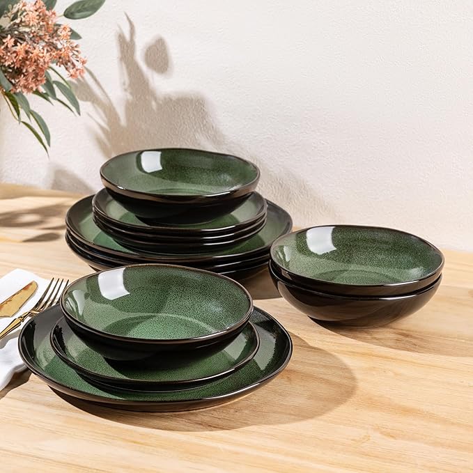 LeRatio Ceramic Dinnerware Sets for 4Wavy Reactive Glaze Stoneware Plates and Bowls SetsHighly Scratch Resistant | Dishwasher &amp MicrowaveOven Safe Dishes Set(12PCS)