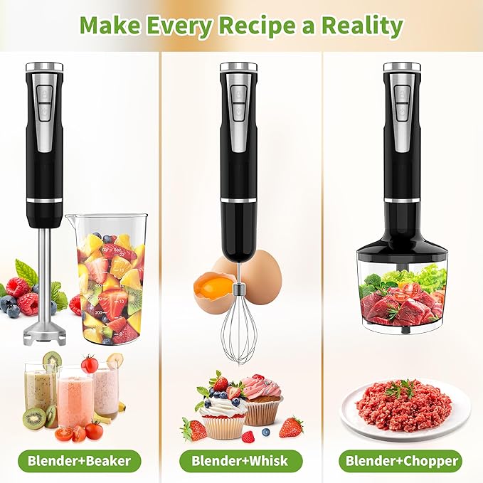 Cordless Immersion Blender Handheld: 4-in-1 Cordless Hand Blender with 500ml Chopper 600ml Beaker Egg Whisk 8 Speeds Hand Stick with USB Rechargeable for Smoothies Baby Food Soup (Black)