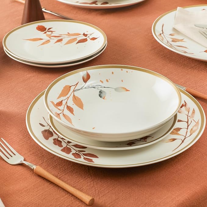 Stone Lain Maple 24-Piece Dinnerware Set Porcelain Plates and Bowls Set Dishwasher and Microwave Safe Dish Set for 8 White