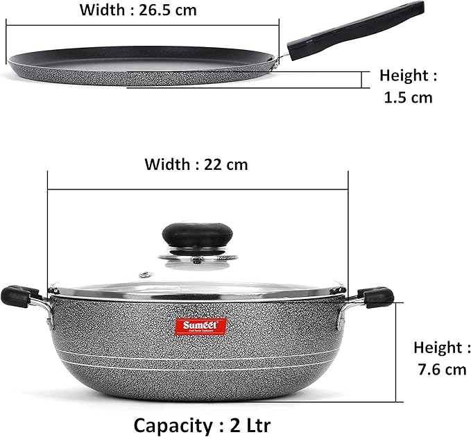 SUMEET Aluminium NonStick Zilarra Cookware Set (Dosa Tawa 26.5Cm Kadhai with Glass Lid 2 L 22Cm Dia Silver)