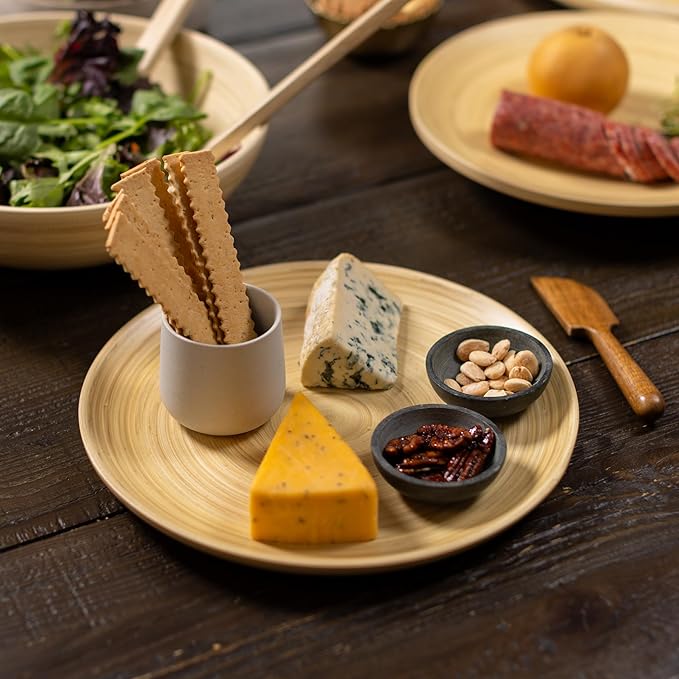 LEXA 8-Piece Handcrafted Bamboo Plate &amp Bowl Set Four 12” Serving Plates and Four 8” Bowls Spun Bamboo Dinnerware for Everyday Meals Entertaining &amp Home Décor (Natural)