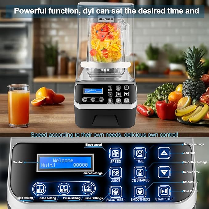 Commercial Blender 2200W 2.1QT 68OZ Quiet Blender Brushless Motors Commercial Smoothies Frozen DrinksSelf-CleaningElectric Countertop Blenders Heavy-DutySilver Grey