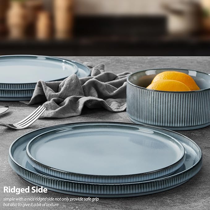 LIANYU Dinnerware Stoneware Sets with Pasta Bowls 16 Piece Plates and Bowls Set for 4 Ribbed Dishes Set for Home Microwave and Dishwasher Safe Slate Blue