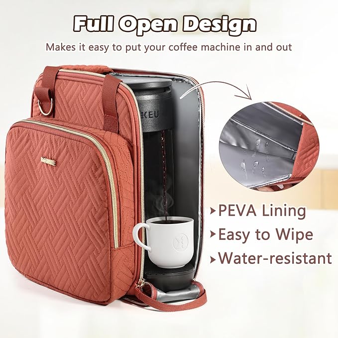 BAGSPRITE Coffee Maker Travel Bag Compatible with Keurig K-Mini Mate Full Open Carrying Case with Quilted Padded Soft Microfiber K--Cup Single Serve Coffee Maker Bag with Pod Organizer Mug Pockets