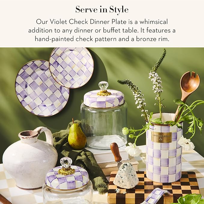 MACKENZIE-CHILDS Enamel Dinner Plate Decorative Dinnerware Plate 10 Inches Purple-and-White Violet Check