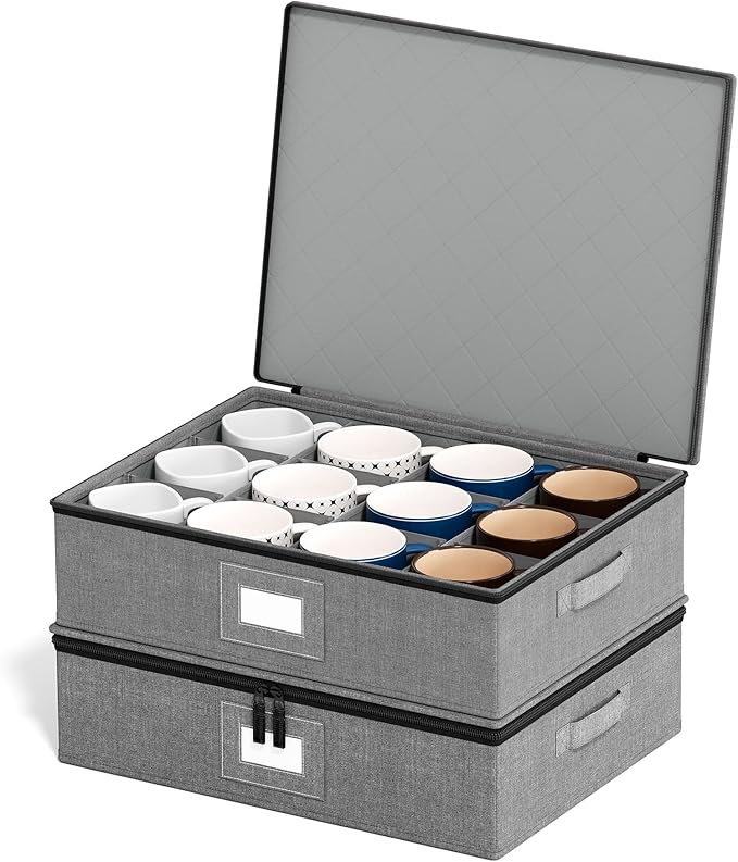 SpaceAid Cup and Mug Storage Organizer 2 Pack China Storage Containers Hard Shell Quilted Cases with Soft Plate Separators Moving Supplies Packing Boxes for 24 Tea Cups or Coffee Mugs (Grey)