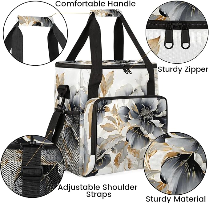 Gray Gold Marble Floral Coffee Maker Carring Bag Large Insulated Storage Organizer Case Tote Bags with Shoulder Strap for Travel Work Picnic