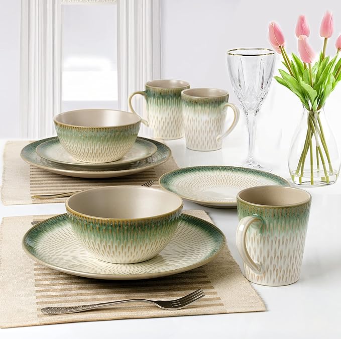 Elegant and Modern Stoneware Scroll Dinnerware Set for Hosting Parties and Events - Green Drop 16 Piece