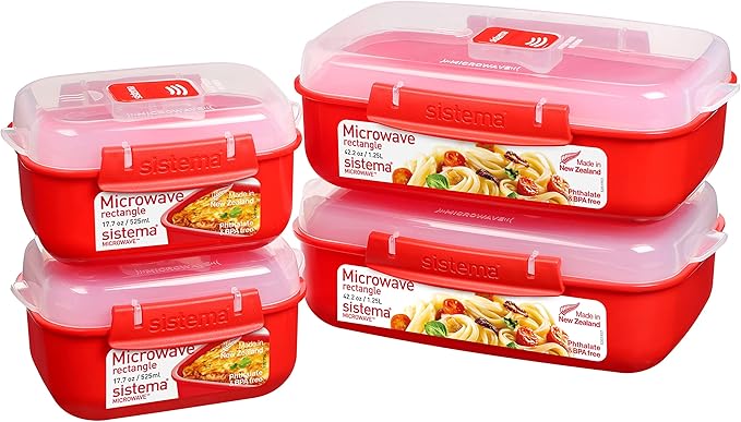 Sistema Microwave Rice Cooker and Steamer Bowl for Vegetables with Steam Release Vent Dishwasher Safe Red &amp Microwave Food Storage Containers with Steam Release Vent Dishwasher Safe Red