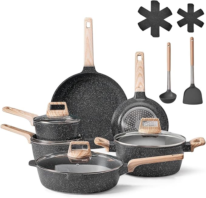 17 Piece Pots and Pans Set Granite Nonstick Kitchen Cookware Induction Black