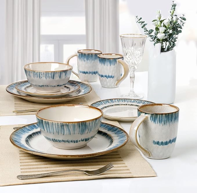 Lorren Home Trends 16 Piece Stoneware Set-Blue Swirl