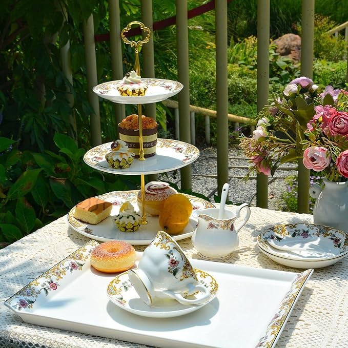 ACMLIFE Bone China Dinnerware Set 3-Tier Serving Stand Porcelain Cupcake and Stand Bone China Serving Platter