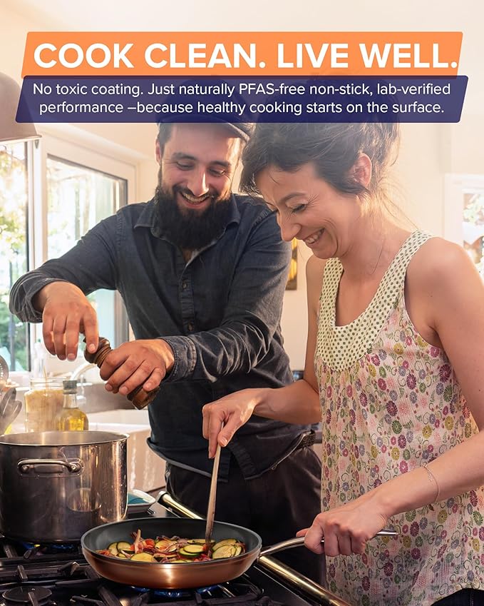 Nuwave Healthy G11-Pots and Pans Set Non Stick 9H Near-Diamond Hardness Scratch-Resistant Works on All Stovetops PFAS Free with Frying Pans Saucepans &amp Glass Lids Stay-Cool Handles Copper