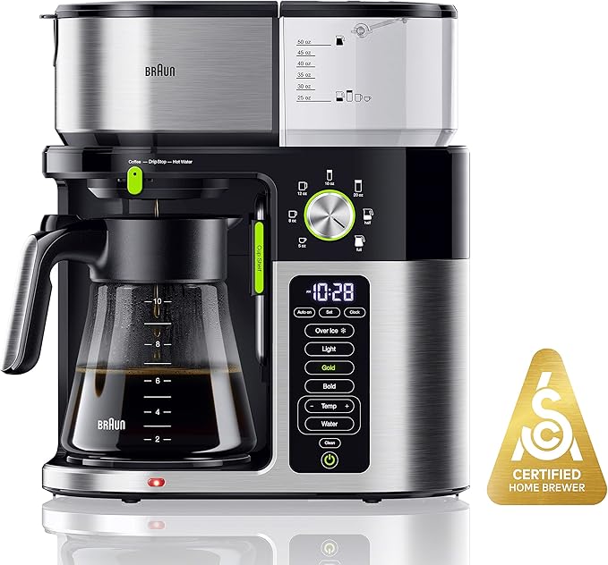 Braun MultiServe Coffee Machine 7 Programmable Brew Sizes / 3 Strengths + Iced Coffee &amp Hot Water for Tea Glass Carafe (10-Cup) Stainless/Black KF9150BK