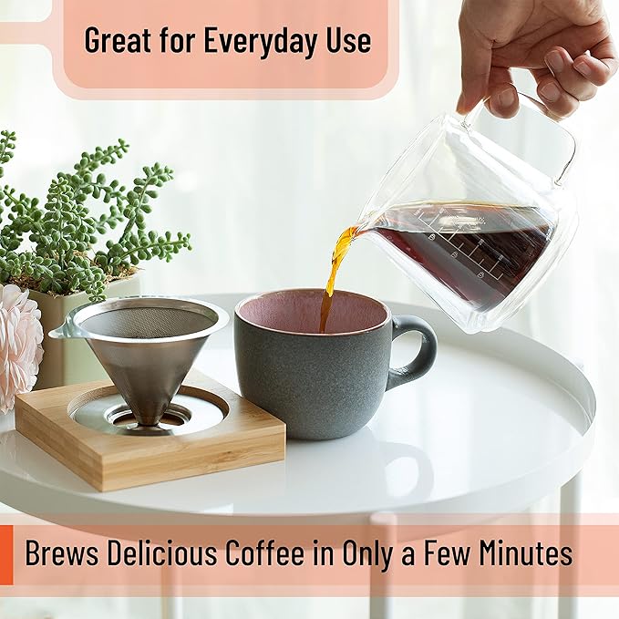 Brew To A Tea BTaT- Pour Over Coffee Maker Set Double Wall Glass 16 oz Drip Coffee Maker Pour Over Permanent Filter