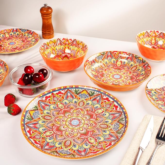 Mandala Dinnerware Sets (16 PCS) Serves for 4 Buffet Dinnerware Boho Plates and Bowls Set with 8.3 salad Plate 8.6/10.6dinner Plate 6.4 bowl apply Indoor Outdoor Dining