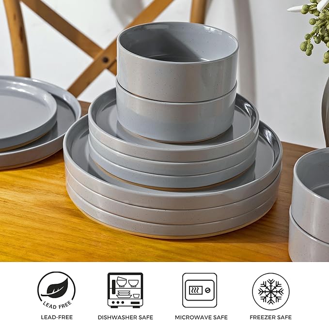 AmorArc Ceramic Dinnerware Set for 8 | Speckled Stoneware Plates and Bowls with Rustic Terracotta Underside| Scratch ResistantDishwasher &amp Microwave Safe Dishes Sets- 24pcs Gray