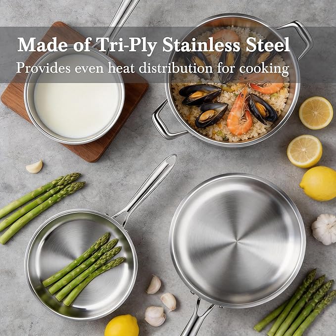 Stainless Steel Cookware Set - VONIKI Tri-ply Stainless Pots And Pans Set with Steamer Basket Non Toxic Induction Cookware Kitchen Cookware Sets PFOA &amp PTFE Free Dishwasher and Oven Safe