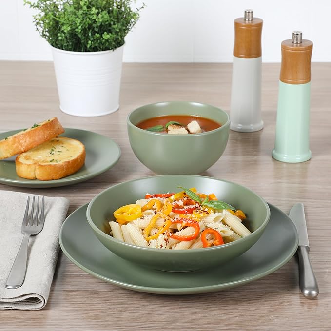 Gibson Home Queenslane 16-Piece Matte Green Stoneware Dinnerware Set – Double Bowl Plates and Bowls Durable Kitchen Dinner Set