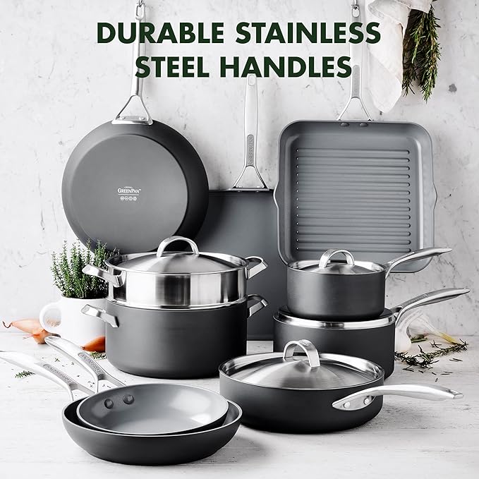 GreenPan Paris Pro Hard Anodized Healthy Ceramic Nonstick 14 Piece Cookware Pots and Pans Set with Stainless Steel Lids PFAS-Free Dishwasher Safe Grey