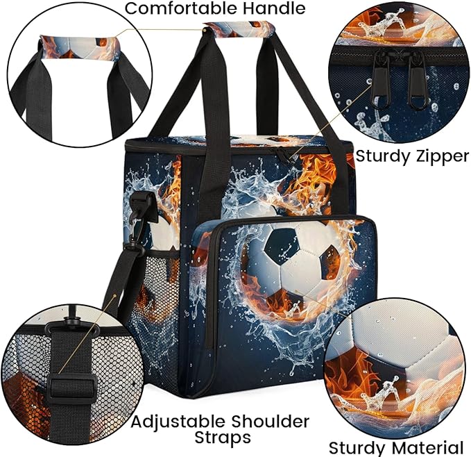 Soccer Ball On Fire And Water Travel Coffee Maker Carrying Bag Large Organizer Storage Tote Bag Insulated Reusable Cooler Grocery Bags